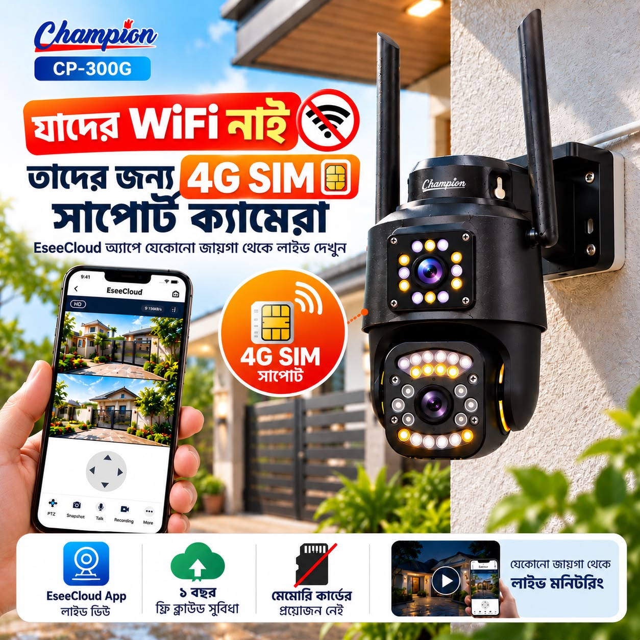 EseeCloud CP-300G 4G SIM Dual Lens Outdoor PTZ IP Champion Camera V9L